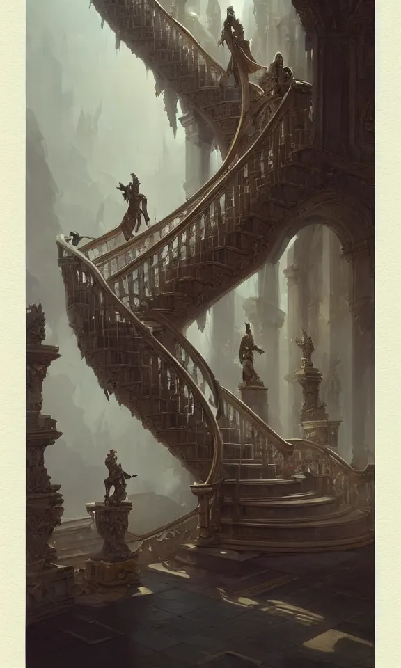 Image similar to straight staircase with ornate statues to heaven, art by greg rutkowski and peter mohrbacher, featured in artstation, octane render, cinematic, elegant, intricate, ultra detailed, rule of thirds, professional lighting, unreal engine, fantasy, concept art, sharp focus, illustration, 8 k