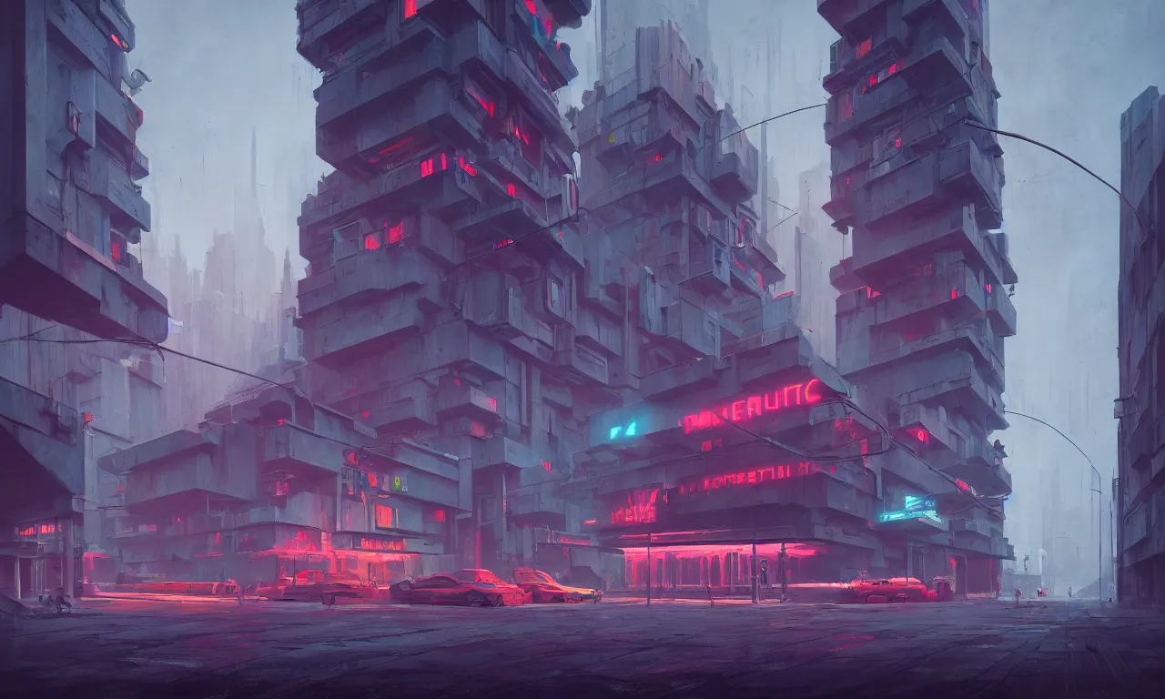 Image similar to brutalist architecture, colorful neon signs, raphael lacoste, eddie mendoza, alex ross, concept art, matte painting, highly detailed, rule of thirds, dynamic lighting, cinematic, detailed, denoised, centered