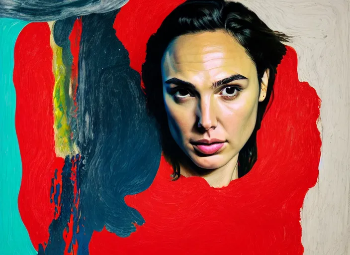 Image similar to portrait of gal gadot in fear, by vincent lefevre and hernan bas and pat steir and hilma af klint, psychological, photorealistic, dripping paint, washy brush, rendered in octane, altermodern, masterpiece