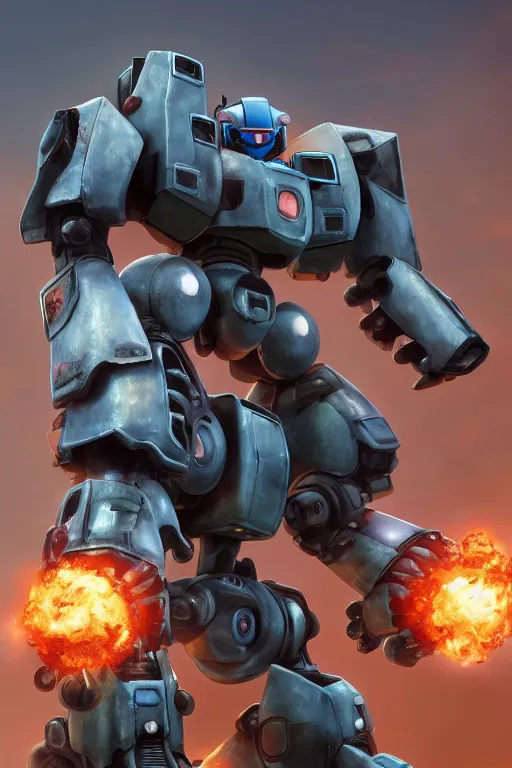 Image similar to mechwarrior 5 : mercenaries mech megaman transformer robot boss tank engine game octane render, 4 k, hd 2 0 2 2 3 d cgi rtx hdr style chrome reflexion glow fanart, global illumination ray tracing hdr fanart arstation by ian pesty by jesper ejsing pixar and disney unreal zbrush central hardmesh