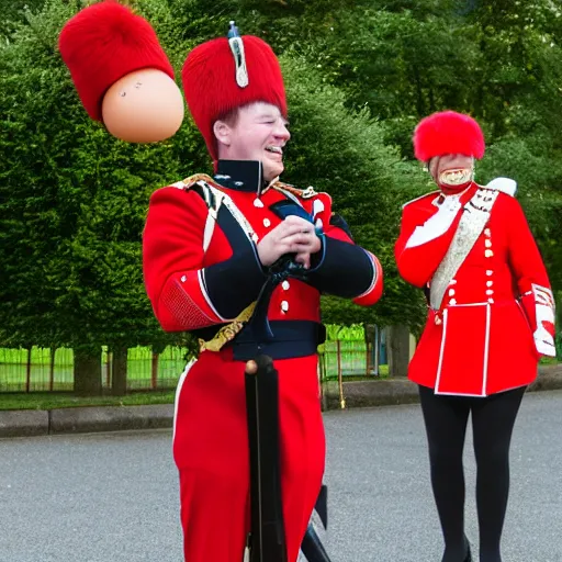 Prompt: queens guard laughing at a dancing egg, high quality photograph