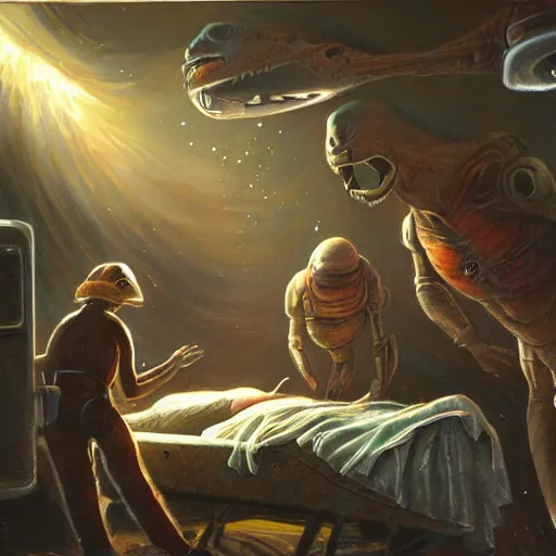 Image similar to primitive aliens caring for injured human at bedside, cinematic, worm's eye view, dramatic lighting, illustration, ron cobb, mike mignogna, science fiction, detailed painting, high detail, rough paper