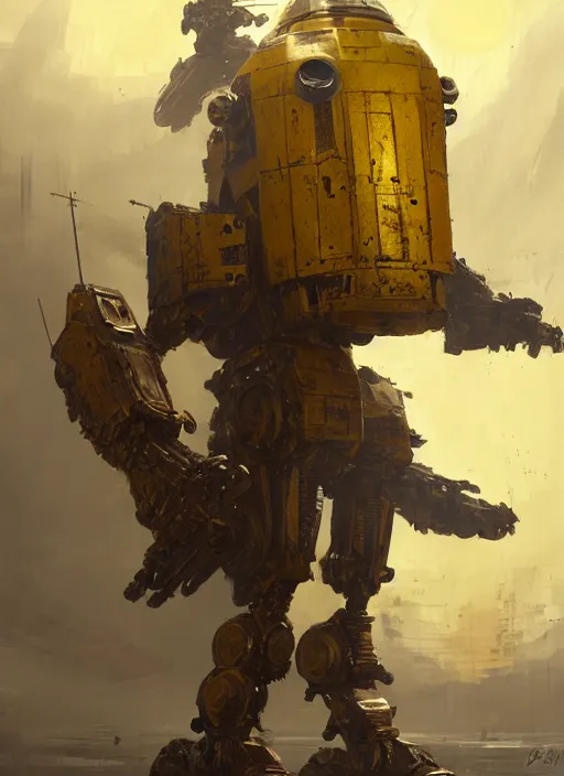 Prompt: human-sized strong intricate humanoid yellow pit droid carrying very detailed perfect antique great sword and beautiful large paladin shield, pancake short large head, exposed metal bones, painterly mecha, by Greg Rutkowski