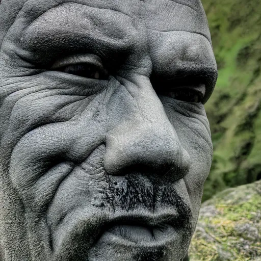 Image similar to a grey mossy rock with the face of dwayne johnson, shot on iphone 1