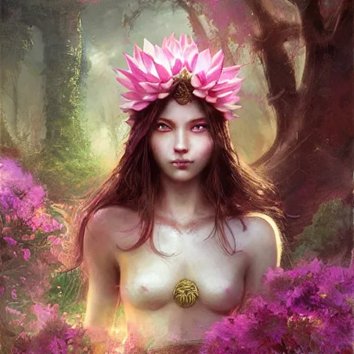 Prompt: Lotus floral crown girl, pink Lotus queen, epic fantasy style art by Craig Mullins, fantasy epic digital art