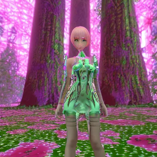 Prompt: cute female forest spirit wearing floral cybernetic valentino resort sheer dress in a 3 d psx ps 2 jrpg style, overgrown esoteric cyber cathedral sanctuary, fashion gameplay screenshot, highly detailed, morning pink gold light