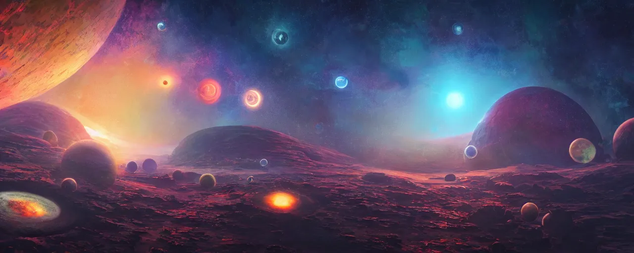 Prompt: ” gas planets on another world, [ cinematic, detailed, epic, widescreen, opening, establishing, mattepainting, photorealistic, 4 k, octane render, art by paul lehr ] ”