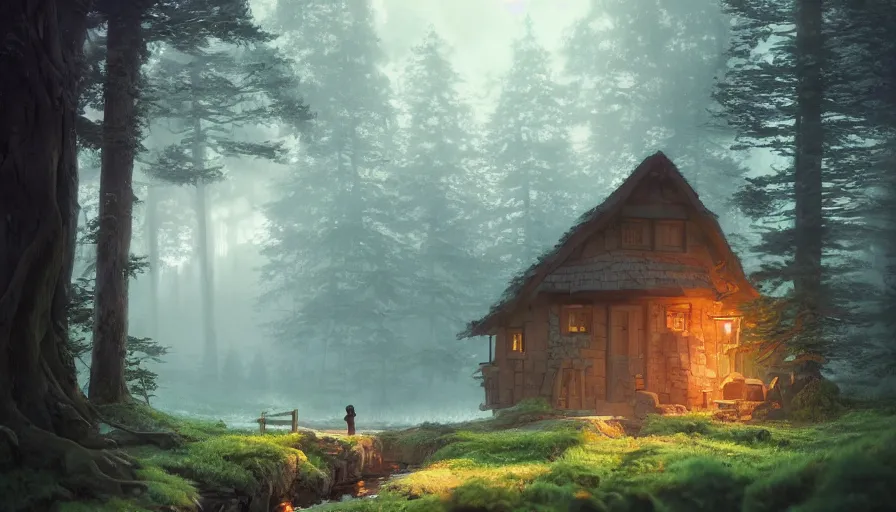 Prompt: A highly detailed matte painting of cottage in a dark forest, by Studio Ghibli, Makoto Shinkai, by Artgerm, by beeple, by Greg Rutkowski, volumetric lighting, octane render, 4K resolution, trending on artstation, masterpiece