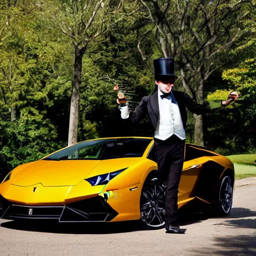 Prompt: gentleman with a top hat smoking a cigar leaning on a lamborghini, sunny weather, birds flying around, lots of trees around