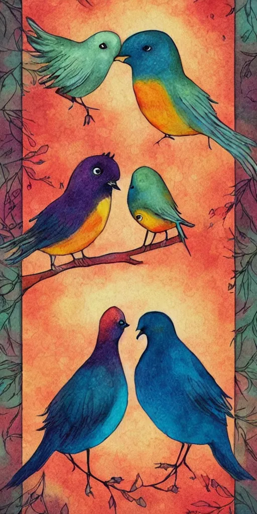 Image similar to greeting card, love, 2 affectionate birds, by kelly mckernan, warm colors, cozy