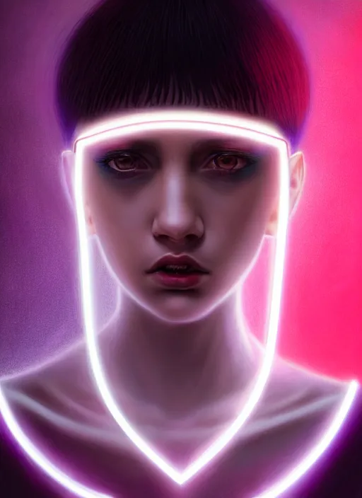 Image similar to hair whitebangs hair, black hair, blackbangswhitehair, portrait of teenage girl with white bangs, red irises, purple clothes, white bangs, bangs are different color from hair, intricate, elegant, glowing lights, highly detailed, digital painting, artstation, concept art, sharp focus, illustration, art by wlop, mars ravelo and greg rutkowski