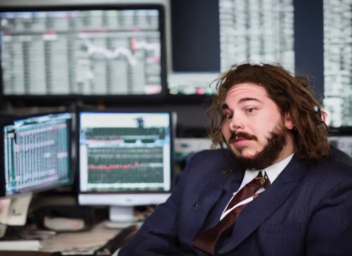 Prompt: dslr photo still of post malone as a stock broker, 8 k, 8 5 mm f 1 6