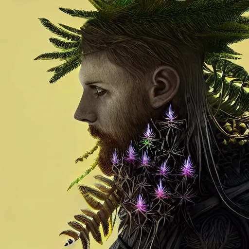 Image similar to a male knight with beard, stern face, clear eyes, shining armour made of steel, and fractal flowery hair in a fractal garden, glowing delicate flower, berries and ferns that grow in a dark fantasy forest, full frame,