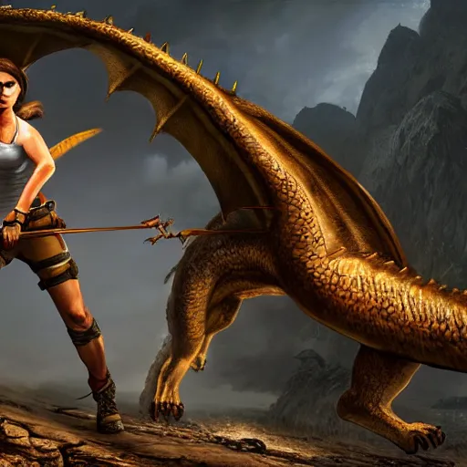 Image similar to lara croft fights a dragon, high quality concept art