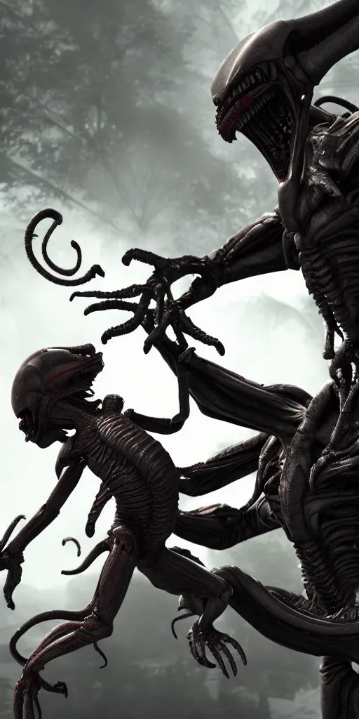 Image similar to baby predator vs baby xenomorph, 3 d rendered, 3 d rendering, dramatic lighting, unreal engine