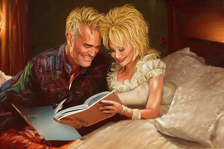 Prompt: portrait of dolly parton reading a bedtime story to jim carrey in bed, an oil painting by ross tran and thomas kincade