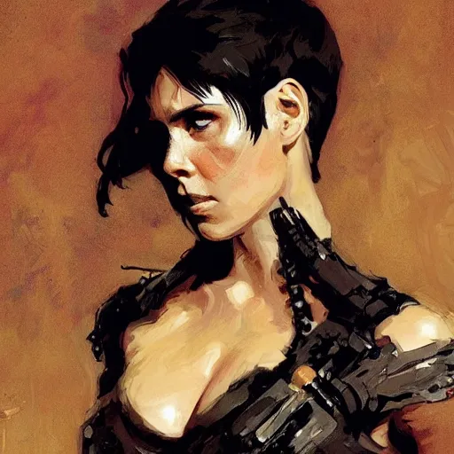 Prompt: alison brie as furiosa, intricate, elegant, highly detailed, greg manchess, mucha, liepke, ruan jia, jeffrey catherine jones, ridley scott