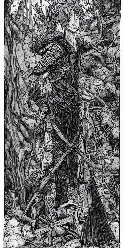 Image similar to an wood elf boy getting ready for an high fantasy adventure on the mountain side, anime style, tarot card, Tarot card the fool, intricate detail, fine line work