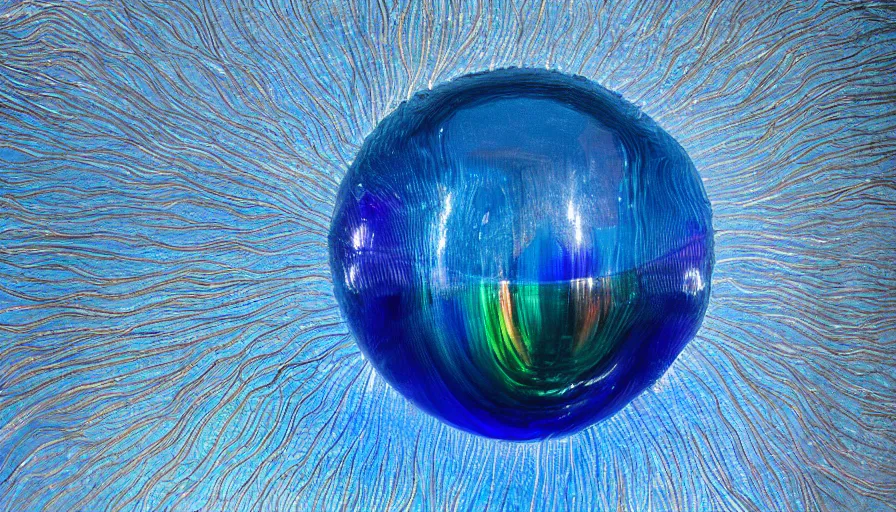 Image similar to fantastical, sweeping, metallic collage, painstakingly precise and meticulously delicate layers of mylar rainbow sculptures of a human squid embryo inside a copper sulphate sphere. perfect focus and discrete smooth bezier outlines. 3 5 mm film, flood lighting, museum display