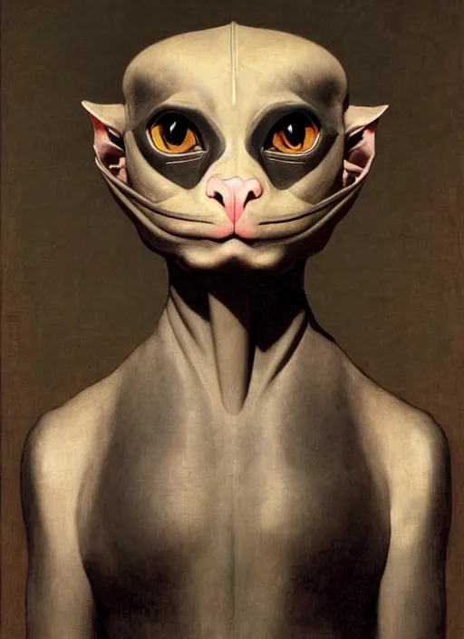 Image similar to portrait of a sphinx cat is a chinese dragon in armor and helmet, majestic, solemn, symmetrical, detailed intricate, hyper realistic, by bouguereau
