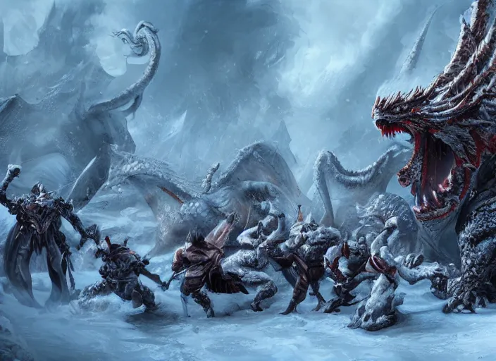 Prompt: a group of heros in a snowy landscape next to a huge terrifying white dragon, intricate detail, indie game concept art, 8 k render, chaotic and brutal, trending on artstation