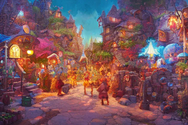 Image similar to dmt cozy fantasy village street view by artgerm and Craig Mullins, James Jean, Andrey Ryabovichev, Mark Simonetti and Peter Morbacher 16k