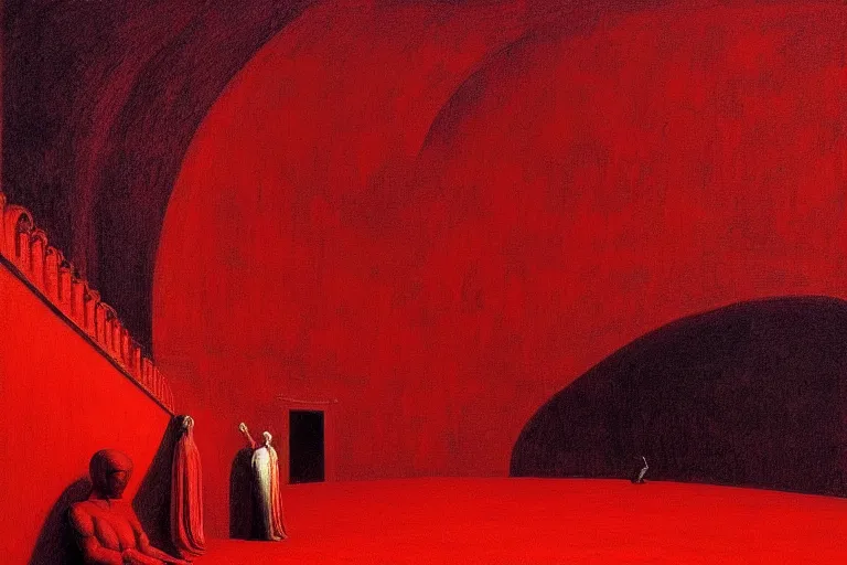 Image similar to only with red, a red great emperor, taormina amphitheatre, expressive crowd hails him, in the style of beksinski, parts by edward hopper, parts by rodcenko, parts by yue minjun, intricate and epic composition, red by caravaggio, insanely quality, highly detailed, masterpiece, red light, artstation, 4 k