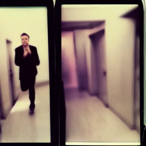 Prompt: A creepy polaroid photo of Elon Musk chasing you down a hallway