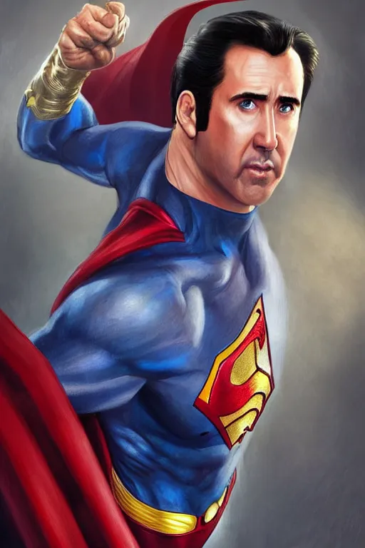 Image similar to Portrait of Nicolas Cage as superman, DC, dark cinematic lighting, intricate, elegant, highly detailed, digital painting, artstation, painted by Artgerm and Mark Waid and Greg Rutkowski and Mandy Jurgens and Snyder