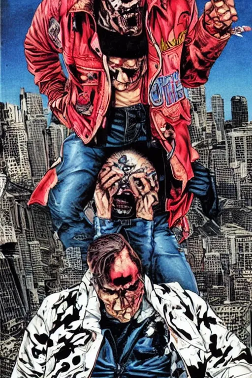 Image similar to ultra violent comic book cover of a contract killer named cobalt. he wear a denim jacket over a bloody white shirt. he has a scar up the side of his face. art by glenn fabry.