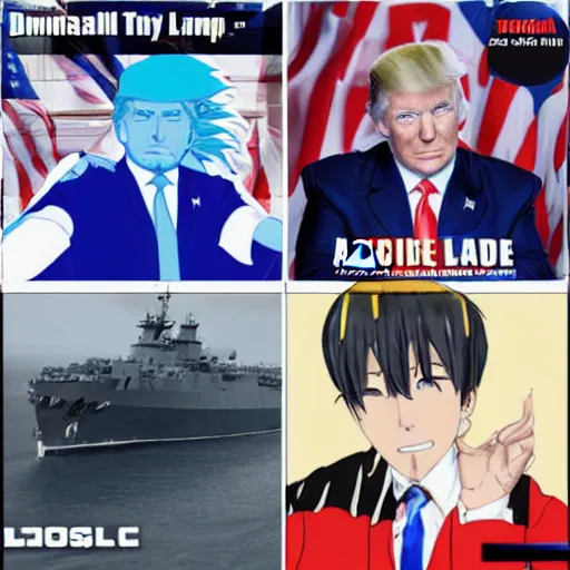 Image similar to donald trump as part warship in the style of anime kancolle azul lane