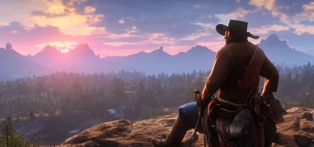 Image similar to Arthur Morgan from Red Dead Redemption 2 sitting at the top of a rocky mountain looking at a beautiful sunrise in the distance