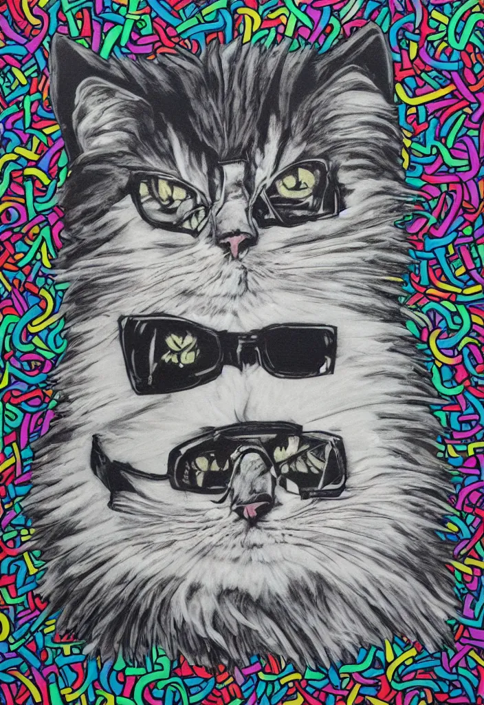 Image similar to fluffy cat with an afro comb t - shirt design, by jules julien, alex yanes, dark grisaille monochrome neon spraypaint, ironic surrealism, hypebeast