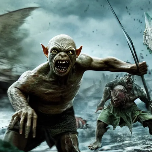 Image similar to clash of two armies, battle, orcs against gollum - faced humans