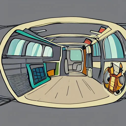 Prompt: The inside of a space van, with mess and cables everywhere. Concept art