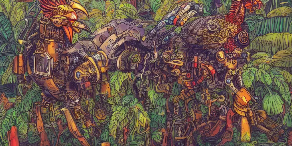 Prompt: colorful illustration of a fully armoured mechanical rooster in a dense jungle, steampunk, mix of styles, detailed