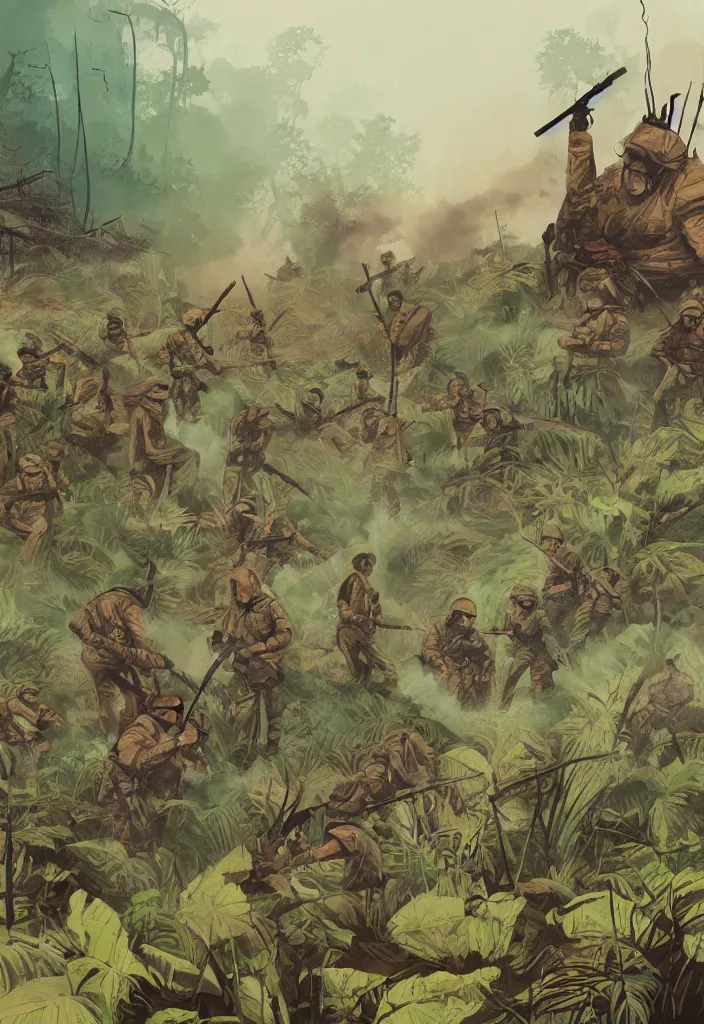 Prompt: handmade illustration of an epic Vietnam war scene with a very small group of american soldiers, the jungle at the background, some smoke and fire, line art, ink, watercolor by Kilian Eng and by Jake Parker, heavy brushstrokes, winning-award masterpiece, fantastic, octane render, 8K HD Resolution, High quality image