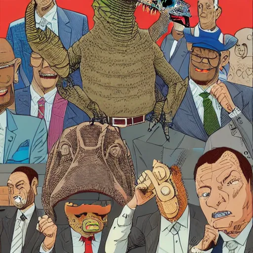 Prompt: detailed intricate colour illustration of businessmen in suits throwing up gang signs at a mecha dinosaur, in the style of Geof Darrow