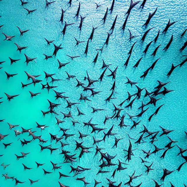 Image similar to looking down at thousands of hammerhead sharks, sharp focus, octane render