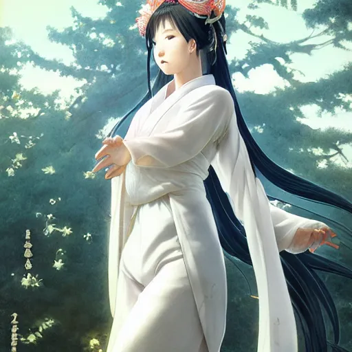 Image similar to sode no shirayuki, wearing a white kimono, long white hair, yamato nadeshiko, character, cg animation, riot entertainment, arcane, realistic, character select portrait, by artgerm, greg rutkowski, alphonse mucha, 3 d