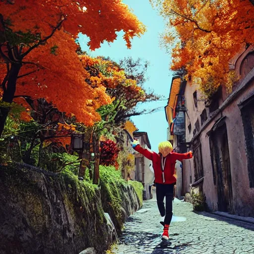 Prompt: orange - haired anime boy, 1 7 - year - old anime boy with wild spiky hair, wearing red jacket, running through italian town, yellow sunshine, sepia sun, ultra - realistic, sharp details, subsurface scattering, intricate details, hd anime, 2 0 1 9 anime