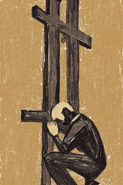 Image similar to man kneeling on the ground in front of a wooden cross, 1960’s minimalist advertising illustration, painterly, expressive brush strokes