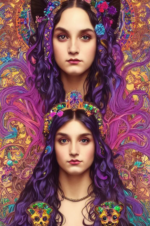 Image similar to a portrait of the lisa frank leopard print rainbow goddess from walmart, intricate, gothic, highly detailed, digital painting, crown of skulls, artstation, smooth, sharp focus, illustration, art by artgerm and greg rutkowski and alphonse mucha and william - adolphe bouguereau