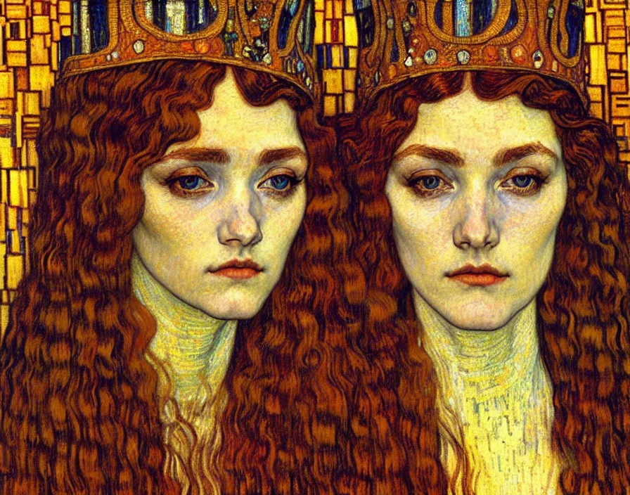 Image similar to detailed realistic beautiful young medieval queen face portrait by jean delville, gustav klimt and vincent van gogh, art nouveau, symbolist, visionary, gothic, pre - raphaelite, muted earthy colors, desaturated