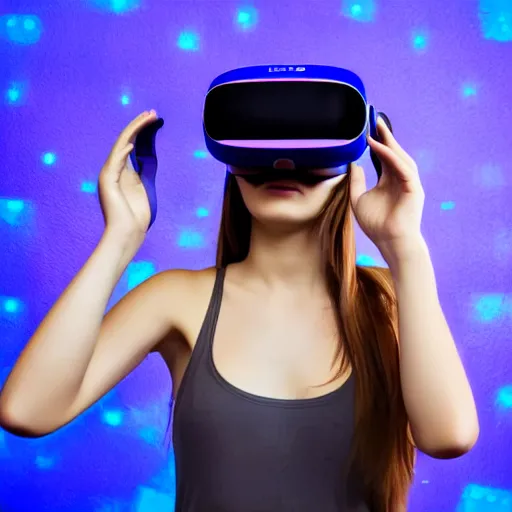 Prompt: modern art of a woman wearing a vr headset in a blue and purple lit room art