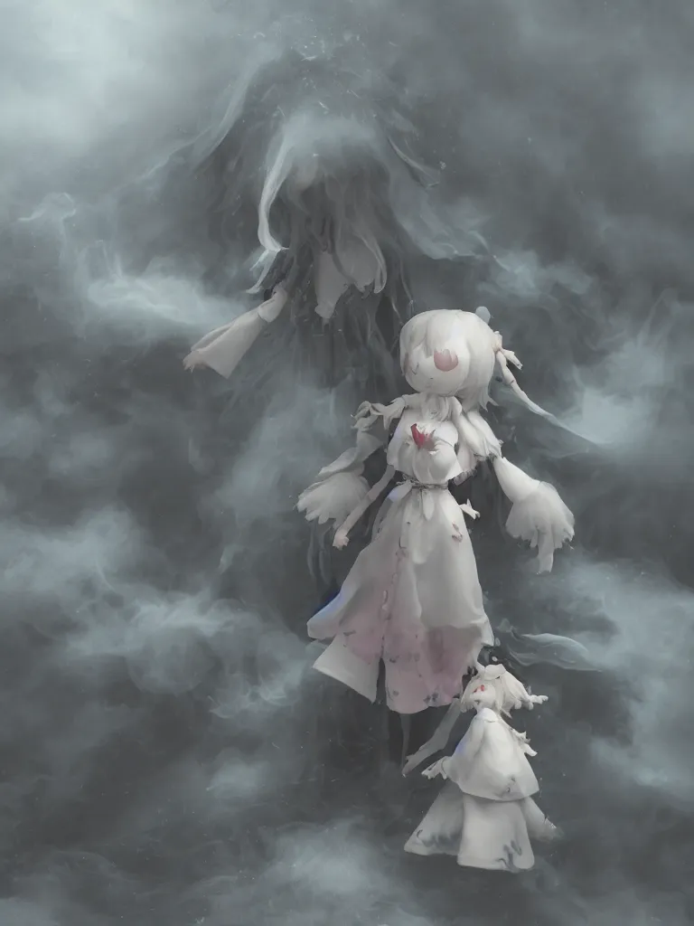 Image similar to cute fumo plush of a cursed frail witch girl held in the arms of a ghost, melting volumetric smoke and fog, environment map pbr reflective stormy water, goth, vignette, vray