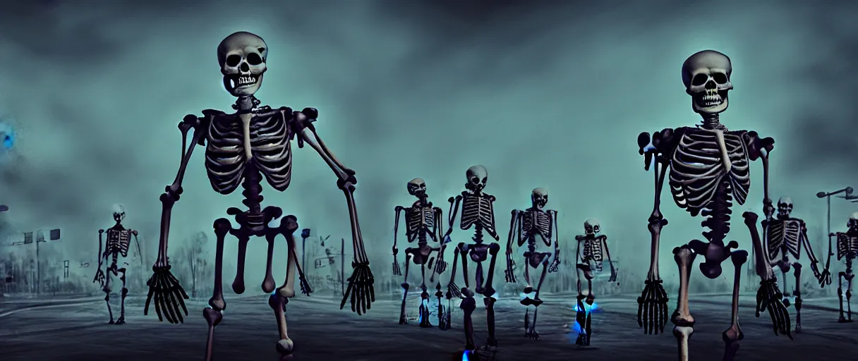 Image similar to hyperrealistic skeleton army mall in background ute osterwald jason limon concept art dramatic blue lighting wide angle hd 8k sharp shallow depth of field