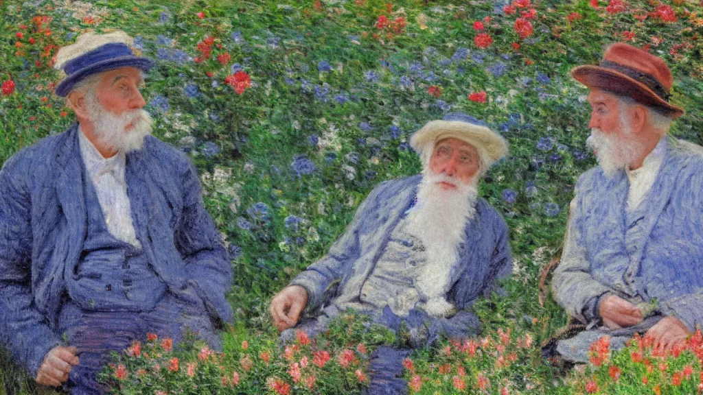 Prompt: technicolor film still of an old man talking to a young one in monet's garden, photorealistic