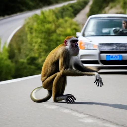 Prompt: photo of a monkey driving a car down the highway