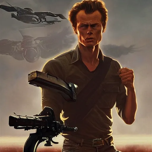 Prompt: film still of dirty harry fighting an alien, deep focus, intricate, elegant, highly detailed, digital painting, artstation, concept art, matte, sharp focus, illustration, art by artgerm and greg rutkowski and alphonse mucha and gil elvgren